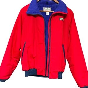 L.L. Bean Red Warm Up Bomber Jacket Blue Fleece Collar Women’s Large Vintage